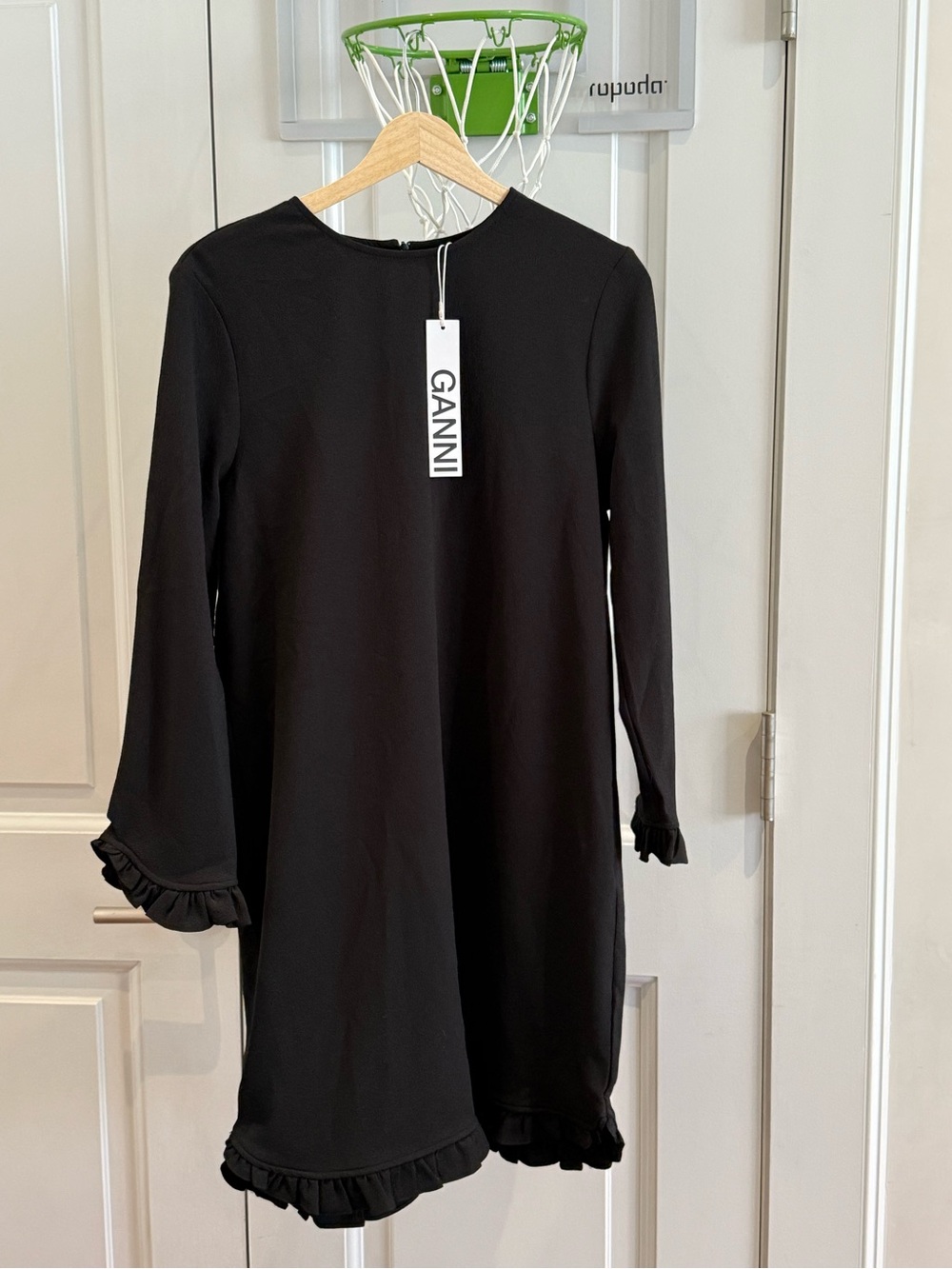 Ganni Black Ruffle-Hem Mini Dress